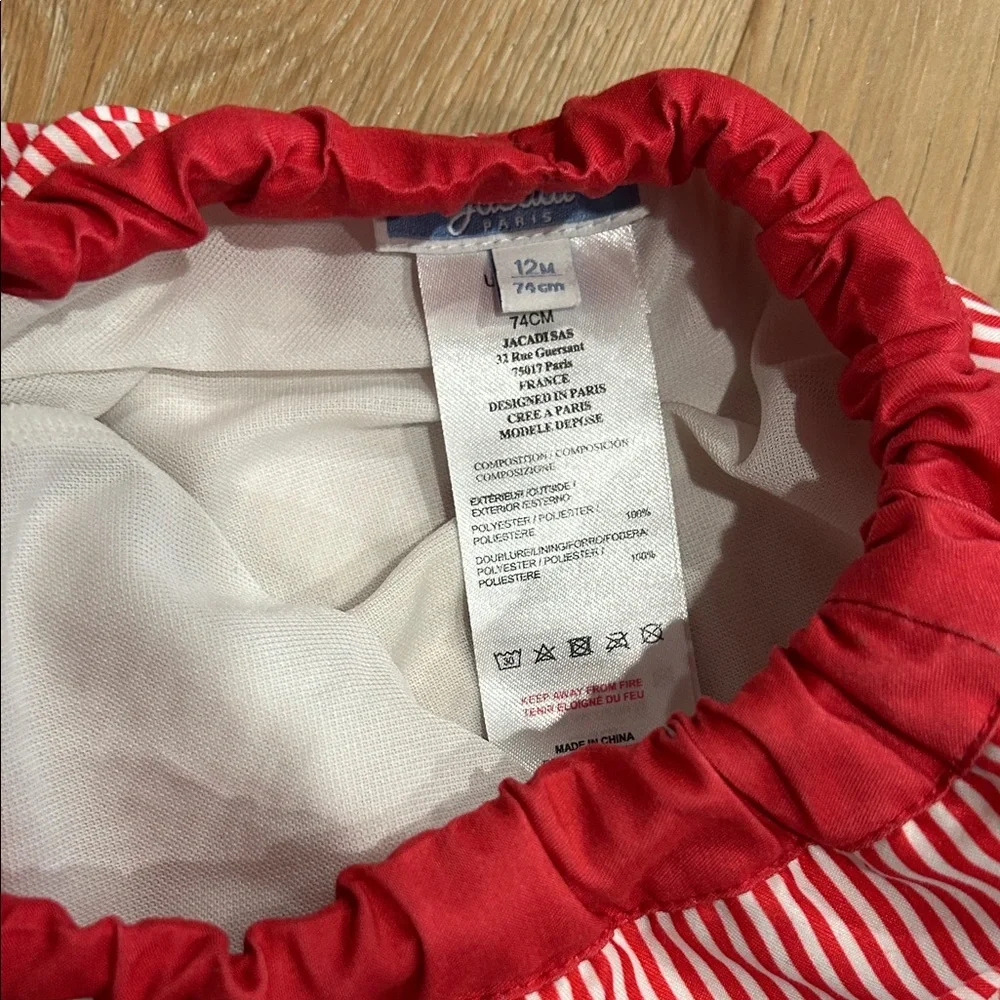 Jacadi Red and White Striped Swim Shorts with Navy Whale Embroidery